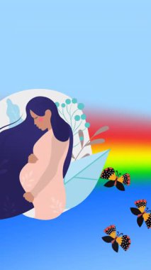 Hamile kadının, gökkuşağının ve gökkuşağının üzerinde uçan kelebeklerin animasyonu. Ebe ve hamilelik kavramının uluslararası günüName.