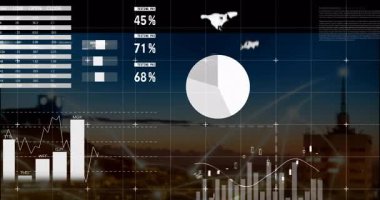 Veri görselleştirmesi için manzara arkaplanı, grafikler ve grafikler kaplanıyor. Analizler, bilgi grafikleri, sunum, istatistik, iş dünyası, finans
