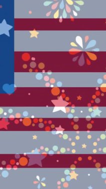 Amerikan bayrağının animasyonu ve istatistik işlemeli havai fişekler. Amerikan vatanseverliği, kutlamalar, bağımsızlık ve iş konsepti dijital olarak oluşturulmuş video.