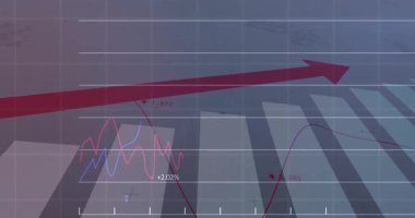 Şebeke arka planında dalgalanan finansal grafiklerle yükselen kırmızı okun animasyonu. Finans, büyüme, ilerleme, yatırım, analitik, veri