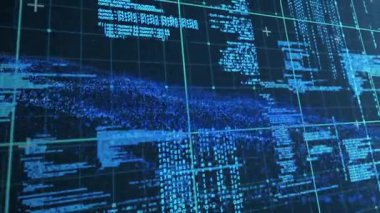 Fütürist şebeke arayüzü boyunca akan dijital veri ve kodların animasyonu. Teknoloji, siber, kodlama, ağ, sanal