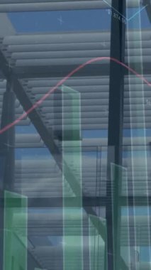 Yoğun ofis üzerinden finansal veri işleme animasyonu. iş, dijital arayüz ve veri işleme konsepti dijital olarak oluşturulmuş video.