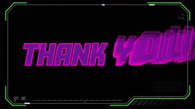 Kalın pembe animasyon Teşekkür ederim! Siyah arkaplanda yeşil dijital çerçeve olan metin. Minnettarlık, tipografi, dijital sanat, canlı, renkli, takdir