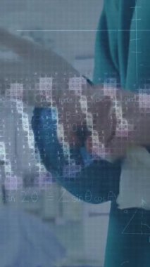 Kafkas kadın ve erkek cerrahların ameliyata hazırlandığı DNA 'nın dönüşümlü hali. sağlık, tıp, bilim ve teknoloji konsepti dijital olarak oluşturulmuş video.