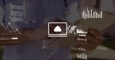 Doktor veri işleme ve analitik çizelgelerle tablet kullanarak animasyonu örtüyor. Sağlık, teknoloji, yenilik, dijital, araştırma, tıbbi