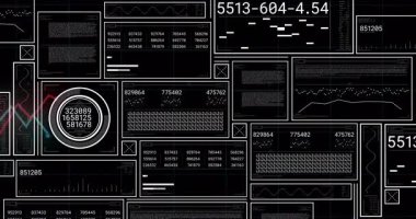 Sayılar, grafikler, tablolar ve siyah arkaplan içeren dijital veri panelleri gösteriliyor. Analiz, istatistik, bilgi, teknoloji, sunum, veri görselleştirmesi