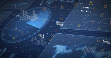 Mavi arka planda altıgenler ve ızgaralarla dijital arayüzün animasyonu. Teknoloji, fütüristik, yenilik, şablon, ağ, soyut