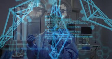 Ameliyat odasında DNA ve veri işleme animasyon örtüsü olan bir cerrah. Cerrahi, tıbbi, biyoteknoloji, yenilik, sağlık, bilim