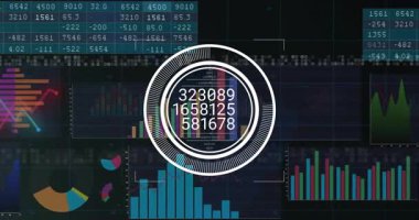 Sayılar ve grafikler dijital finansal veri arka planında döner. Finans, analitik, veri görselleştirme, borsa, ekonomi, yatırım