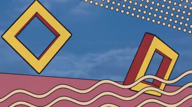 Mavi gökyüzü arka planına karşı soyut geometrik şekillerin ve dalgalı çizgilerin animasyonu. hareket, tasarım, model