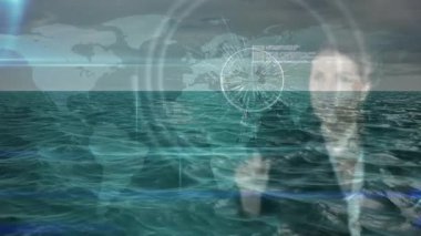 Soyut insan simgeleri ve haritalarıyla okyanus dalgaları üzerinde dijital arayüz animasyonu. Teknoloji, yenilik, iletişim, bağlantı, ağ, görselleştirme