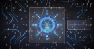 Okul ortamında mavi dişli dijital arayüz ve ikili kod animasyonu. Teknoloji, yenilik, kodlama, ağ, eğitim, fütüristik