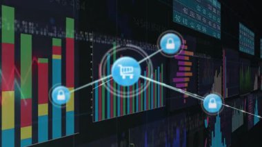 Okuldaki dijital finansal grafikler üzerinden alışveriş arabası simgelerinin animasyonu. Finans, teknoloji, e-ticaret, eğitim, bağlantı