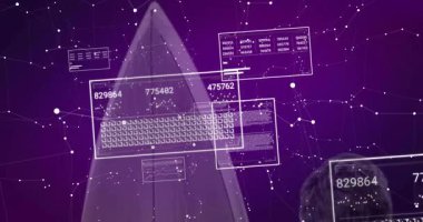 Ağ bağlantıları ile mor arkaplan üzerinde dijital veri içeren kodlama animasyonu. Teknoloji, siber, fütürist, yenilik, programlama