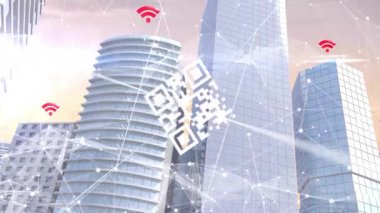 QR kodu ve Wi-Fi sembolü modern şehir gökdelenleri üzerinde. Teknoloji, iletişim, bağlantı, dijital, ağ, yenilik