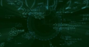 Yeşil zemin üzerinde ışık efektli matematiksel denklemlerin ve grafiklerin animasyonu. Matematik, yeşil ekran, görselleştirme, geometri, cebir, matematik