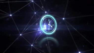 Parlak ağ bağlantılarına ve karanlık arka planda dijital veri animasyonuna sahip bir saat. Teknoloji, bağlantı, fütüristik, yenilik, siber alan, bilgi