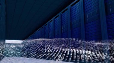 Veri merkezinde yüzen sayısal veri animasyonuna sahip sunucuların sıraları. Teknoloji, ağ, dijital, bilgisayar, siber güvenlik, yenilik