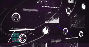 Animasyon, fütüristik tasarım unsurları ile dijital grafik ve grafikler gösteriliyor. Veri görselleştirme, teknoloji, bilgi, analitik, yenilik, istatistik