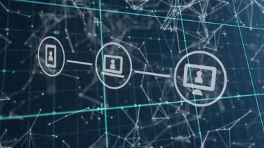 Dijital şebeke arkaplanı üzerinden bağlantı ve veri işleme animasyonu ağı. Teknoloji, yenilik, bağlantı, iletişim, fütüristik, siber uzay