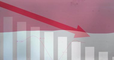 Animasyon çubuk grafiğinde aşağıya doğru kırmızı ok gösteriyor. Finansal gerilemeyi gösteriyor. Ekonomi, kriz, grafik, veri, hisse senetleri, durgunluk