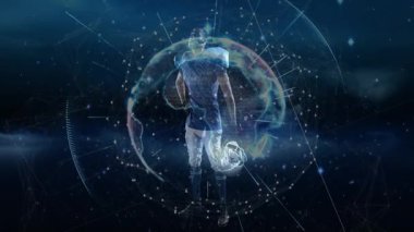 Kask tutan, dijital küreyle ve ağ bağlantılarıyla ayakta duran futbolcu. Spor, teknoloji, yenilik, bağlantı, atlet, siber alan