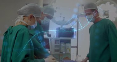 Ameliyat, DNA ipliği animasyonu olan tıbbi ekip ameliyathanede. Sağlık, işletme, teknoloji, genetik, yenilik, hastane