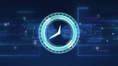 Koyu mavi arka planda parlayan devreleri olan gelecekçi dijital saat animasyonu. Teknoloji, yenilik, zaman tutma, siber, neon, elektronik