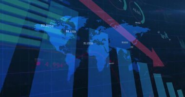 Finansal verileri olan dünya haritası ve azalan grafik animasyon örtüsü. Maliye, ekonomi, veri görselleştirme, analitik, durgunluk, küresel