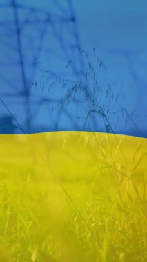 Alan ve elektrik direklerinin üzerinde Ukrayna bayrağı animasyonu. Ukrayna krizi, ekonomik ve enerjik çöküş ve dijital olarak üretilen uluslararası politika kavramı.