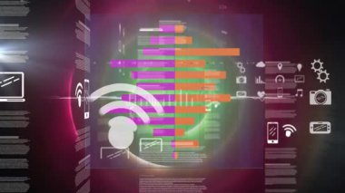 Soyut yeşil ve kırmızı arkaplanda dijital veri grafiklerinin ve simgelerinin animasyonu. Teknoloji, analitik, fütüristik, siber uzay, dinamik, ağ