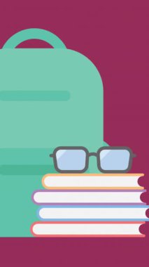 Okul simgeleri üzerinde konuşan kadın animasyonu. Ulusal danışmanlık ayı ve dijital olarak oluşturulan kutlama konsepti.