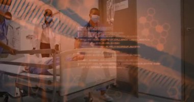 Hastanede, DNA veri animasyon örtüsü olan hastalarla ilgilenen sağlık uzmanları var. teknoloji, yenilik, biyoteknoloji, bilim, genetik, analiz