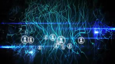 Ağ bağlantısı konsepti oluşturuluyor, parlayan mavi çizgiler ve dijital simgeler canlandırılıyor. Teknoloji, bağlantı, yenilik, iletişim, fütüristik, siber