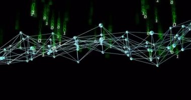 Dijital matris arkaplanına bağlanan ikili kod ağının animasyonu. Teknoloji, fütürist, bağlantı, siber alan, veri