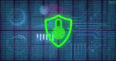 Dijital kod üzerinde kırmızı kilit sembolü, siber güvenlik animasyon konseptini temsil ediyor. şifreleme, koruma, gizlilik, güvenlik, yazılım, güvenlik duvarı