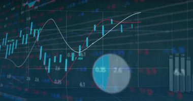 Animasyondaki pazar eğilimlerini gösteren finansal veriler, grafikler ve grafikler analiz ediliyor. Finans, analitik, iş dünyası, ekonomi, yatırım, görselleştirme