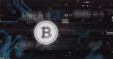 Dijital ağ ve ikili kod elementlerinin animasyonu ile Bitcoin sembolü. Kripto para birimi, engelleme zinciri, finans, teknoloji, ademi merkeziyet, yenilik