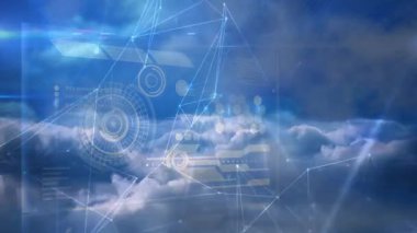 Bulutların üstündeki gelecekçi grafiklerle dijital arayüzün animasyonu. yenilik, teknoloji, sanal, soyut