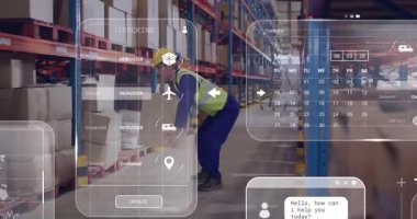 Depoda kaldırma kutusu, veri işleme animasyon örtüsü olan bir işçi. Lojistik, nakliye, ulaşım, teknoloji, otomasyon, envanter