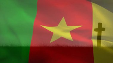 Çimenli arka planda çapraz sembol üzerine yerleştirilmiş kamerun bayrağı animasyonu. Vatanseverlik, ulusal, açık hava, sembolizm, manzara, doğa