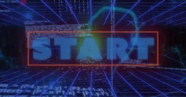 Kodlama elemanları ve mavi ızgara arkaplan animasyonlu dijital START metni. Teknoloji, programlama, başlangıç, yazılım, yenilik, ağ