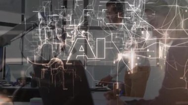 Modern ofiste yapay zeka teknolojisinde işbirliği yapan çeşitli profesyonellerin animasyonu. yenilik, takım çalışması, iş yeri, işyeri, işbirliği, dijital