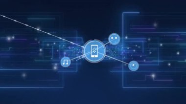 Dijital ağ üzerinden bağlanan müzik ve akıllı telefon simgeleriyle animasyon. Teknoloji, mobil, iletişim, yenilik, soyut, bağlantı