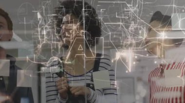 Modern ofiste işbirliği yapan farklı insanlar üzerinde yapay zeka teknolojisi animasyonu. yenilik, takım çalışması, işbirliği, dijital, işyeri, çeşitlilik