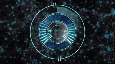 Mavi tonlarda dönen elementlerle gelecekteki dijital arayüzü gösteren animasyon. Teknoloji, yenilik, siber, soyut, sanal, tasarım