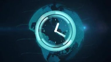 Dijital küre ve soyut mavi arkaplanlı gelecekteki saat animasyonu. Teknoloji, yenilik, küresel, modern