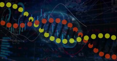 DNA dizisi ve ikili kod bilimsel verileri animasyonda işliyor. Biyoteknoloji, genetik, dijital, analiz, bilim, yenilik