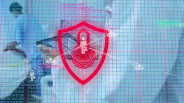 İkili kodlu dijital güvenlik kalkanı üzerinde parmak izi animasyonu. Siber güvenlik, biyometrik, şifreleme, kimlik doğrulama, koruma, teknoloji