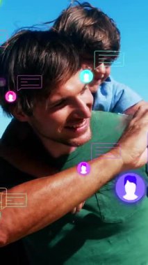 Animation of diverse icons over caucasian grandfather, father and son taking selfie on beach. family, and spending time together concept digitally generated video.